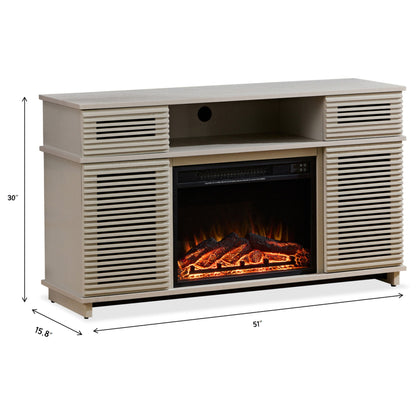 Modern Solid Wood Cabinet With Adjustable Shelves And Remote-Controlled Fireplace - Light Gray