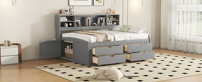 Full Size Daybed With 2 Bedside Cabinets, Upper Shelves And 4 Drawers - Gray