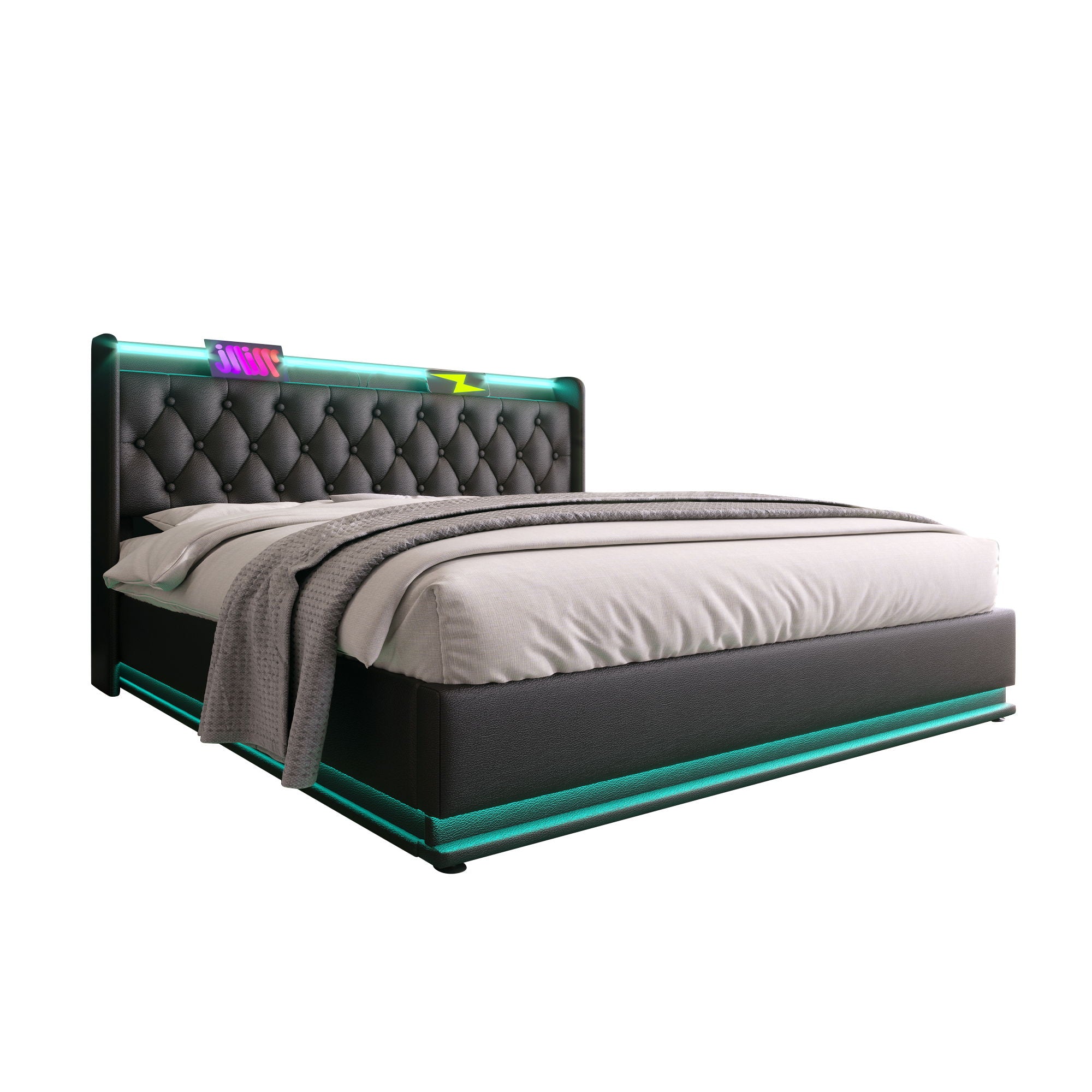 Full Size Upholstered Bed, 360 Surround LED Function, Buttons / Apps / Remote Control, Hydraulic Storage Bed With USB Type-C Charging (Without Mattress) - Black