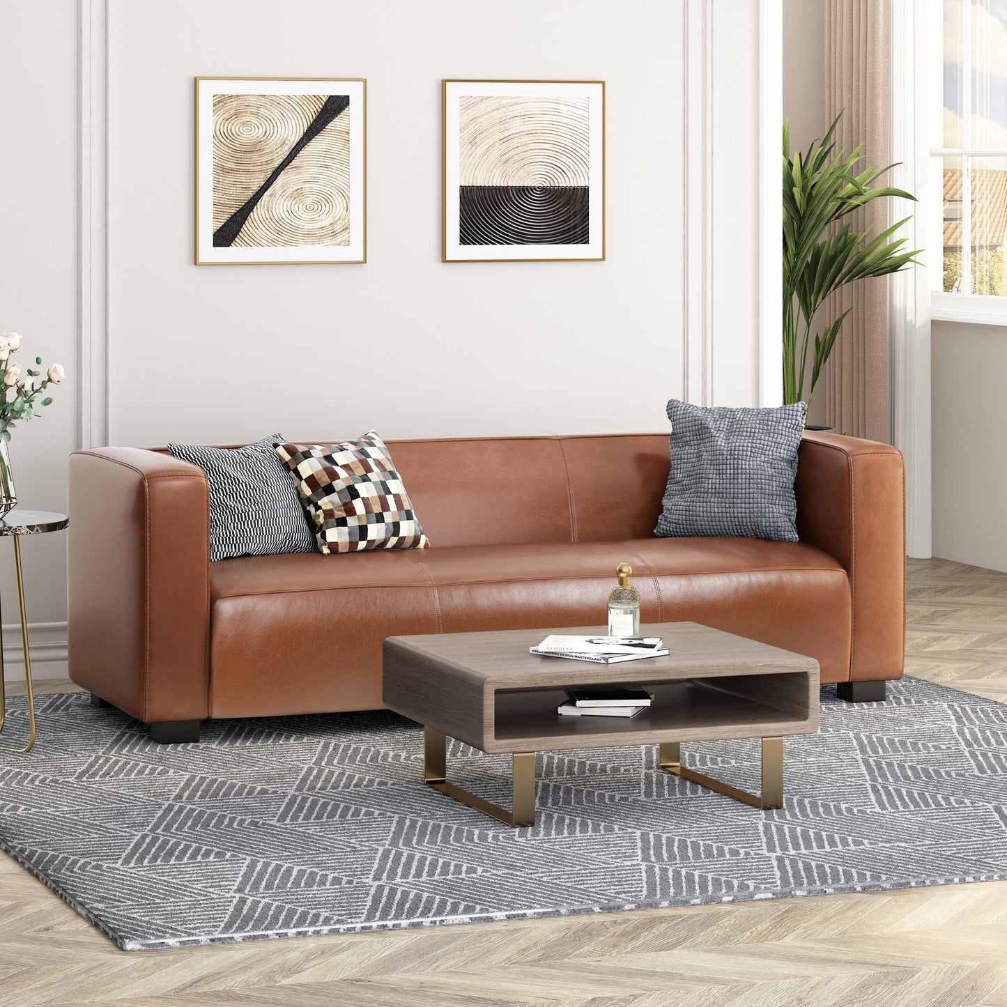 Contemporary 3 Seater Sofa With Tuxedo Design - Light Brown