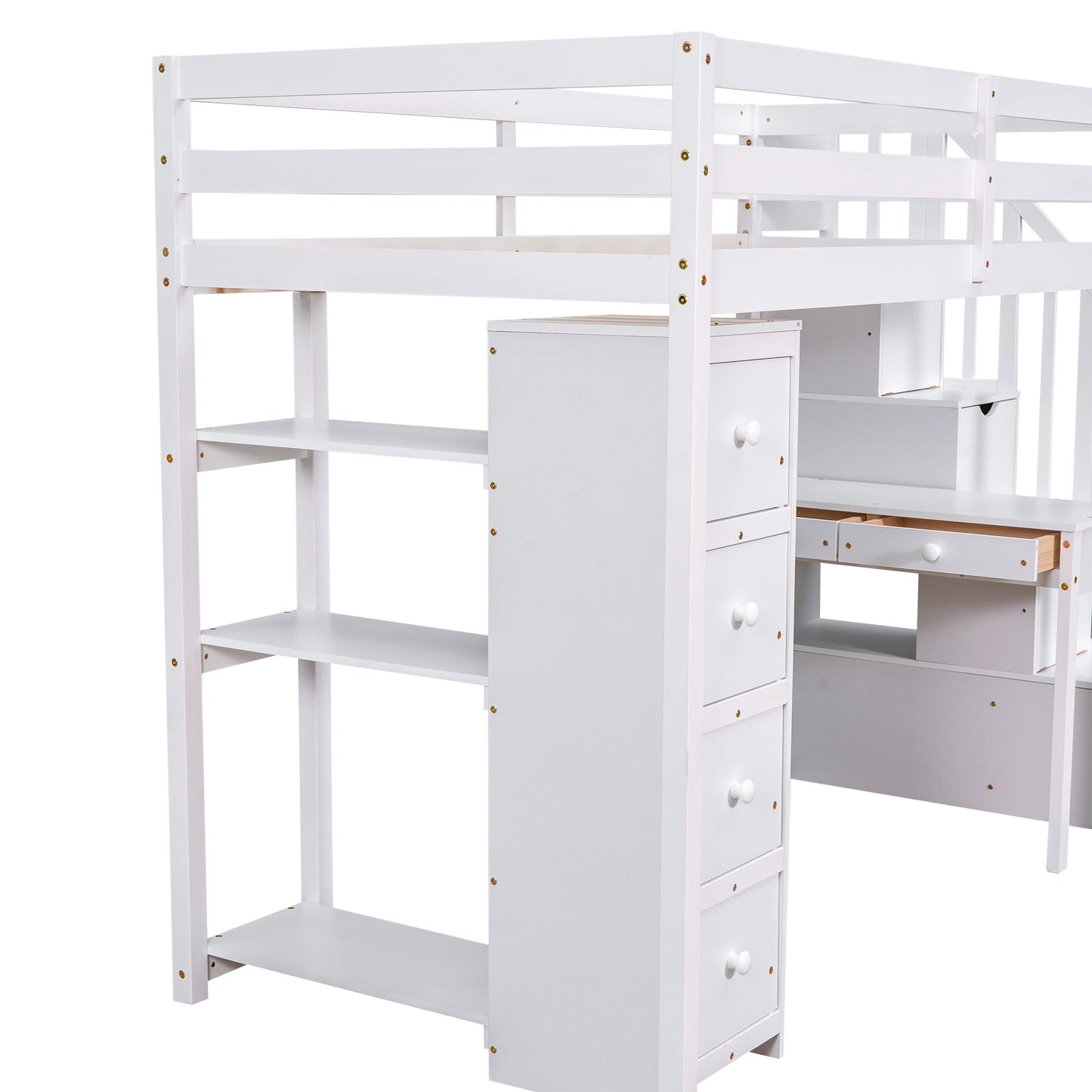 Twin Size Loft Bed With Storage Drawers, Desk And Stairs With Shelves - White