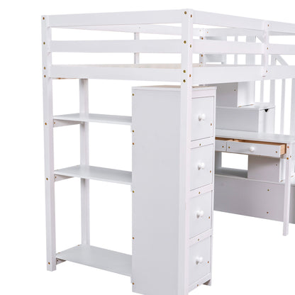 Twin Size Loft Bed With Storage Drawers, Desk And Stairs With Shelves - White
