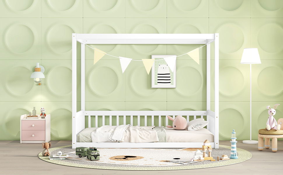 Twin Size Canopy Frame Floor Bed With Fence, Guardrails - White
