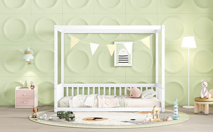 Twin Size Canopy Frame Floor Bed With Fence, Guardrails - White