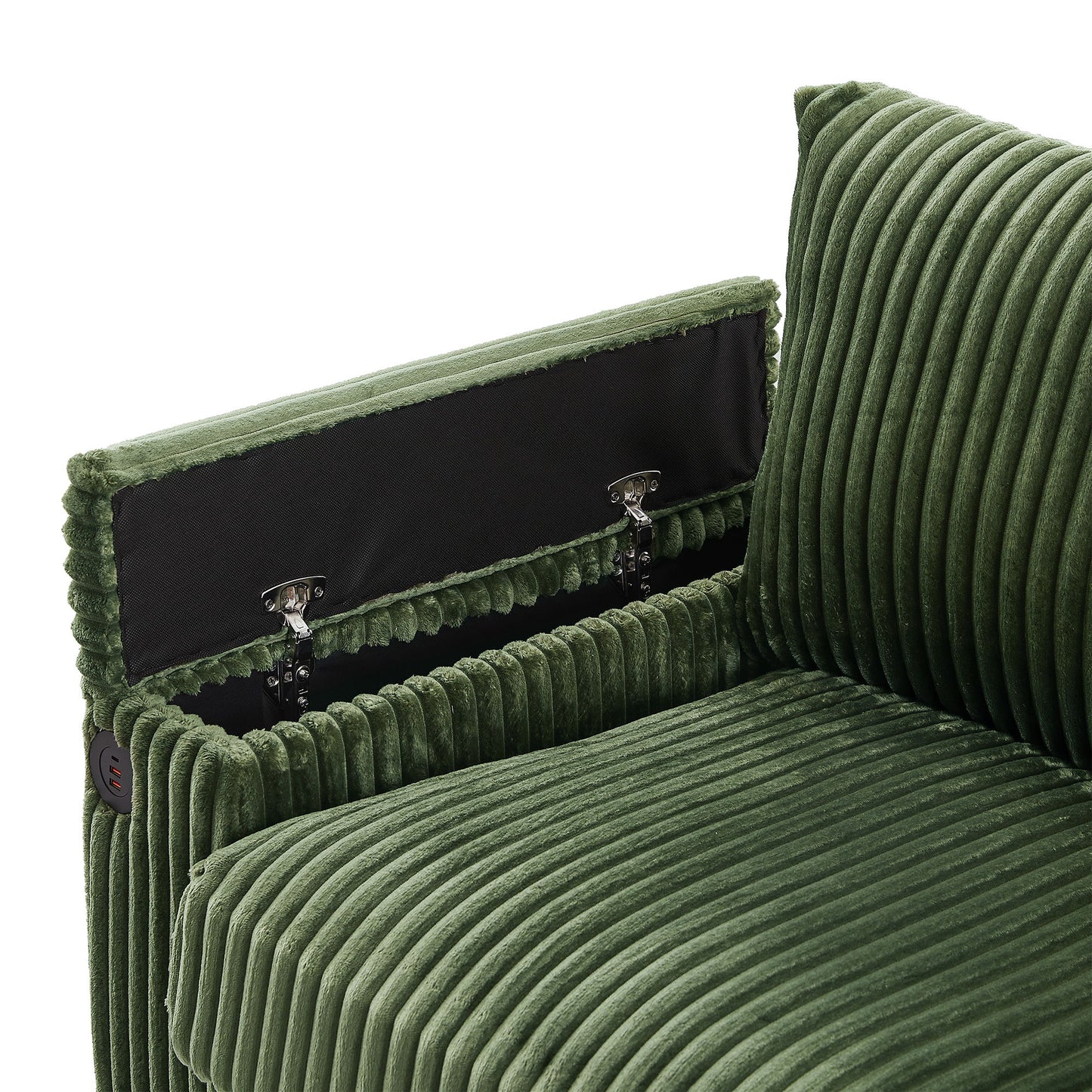 Modern 4 Seater Corduroy Sofa With USB Ports, Hidden Storage Arms, Flip Top Cup Holders - Green