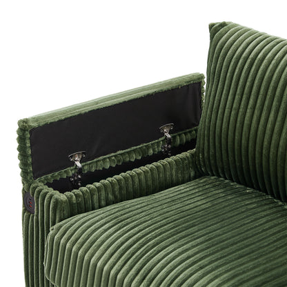 Modern 4 Seater Corduroy Sofa With USB Ports, Hidden Storage Arms, Flip Top Cup Holders - Green