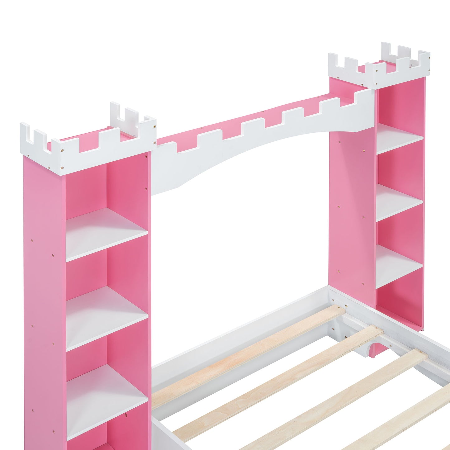 Castle Shaped Bed With Storage Shelf, Dreamy Twin Size Platform Bed For Kids Bedroom - White / Pink