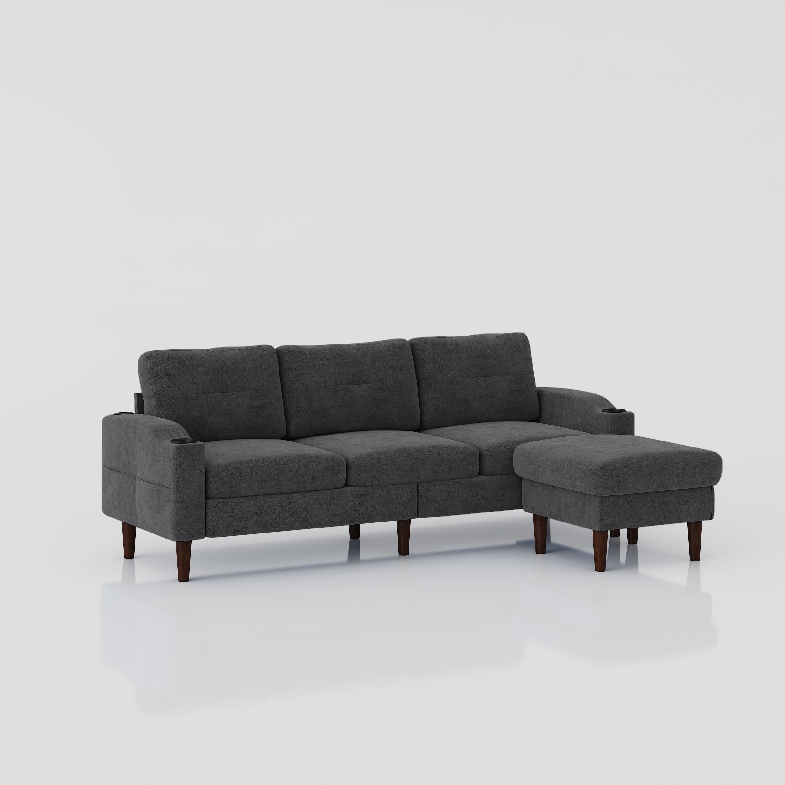 Convertible Combo Sofa, Sofa L Shaped, Sofa With Storage Cabinet Footstool, Living Room Sofa, Living Room 3 Seat Combo Sofa - Dark Gray