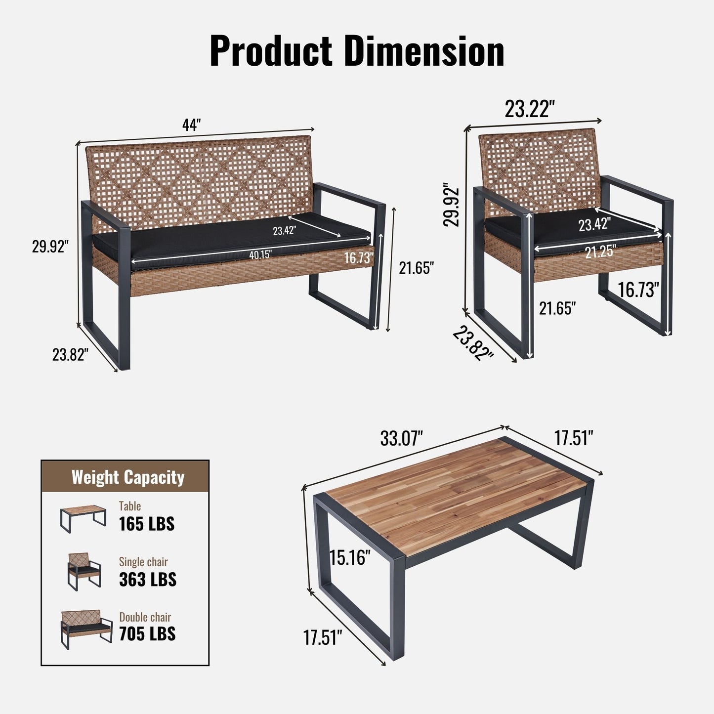 4 Piece Patio Furniture Set Outdoor Balcony Porch Garden Backyard Lawn Furniture Acacia Wood Table Top, Morden - Black And Light Brown