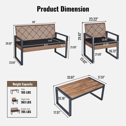 4 Piece Patio Furniture Set Outdoor Balcony Porch Garden Backyard Lawn Furniture Acacia Wood Table Top, Morden - Black And Light Brown