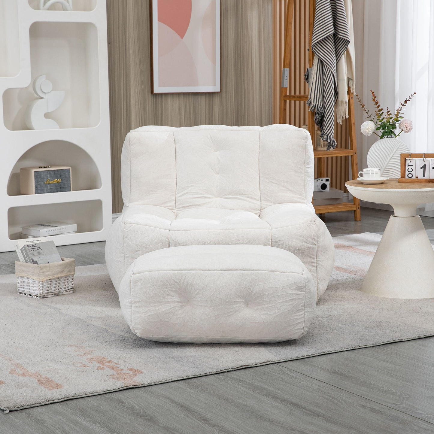 Fluffy Bean Bag Chair, Comfortable Bean Bag For Adults And Children, Super Soft Lazy Sofa Chair With Memory Foam And Ottoman, Indoor Modern Focus Bean Bag Chair For Living Room, Bedroom, Apartment - White