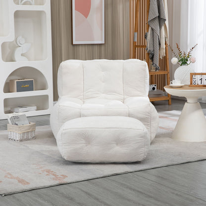 Fluffy Bean Bag Chair, Comfortable Bean Bag For Adults And Children, Super Soft Lazy Sofa Chair With Memory Foam And Ottoman, Indoor Modern Focus Bean Bag Chair For Living Room, Bedroom, Apartment - White