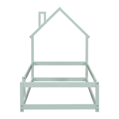 Twin Size Wood Bed With House-Shaped Headboard Floor Bed With Fences - Light Green