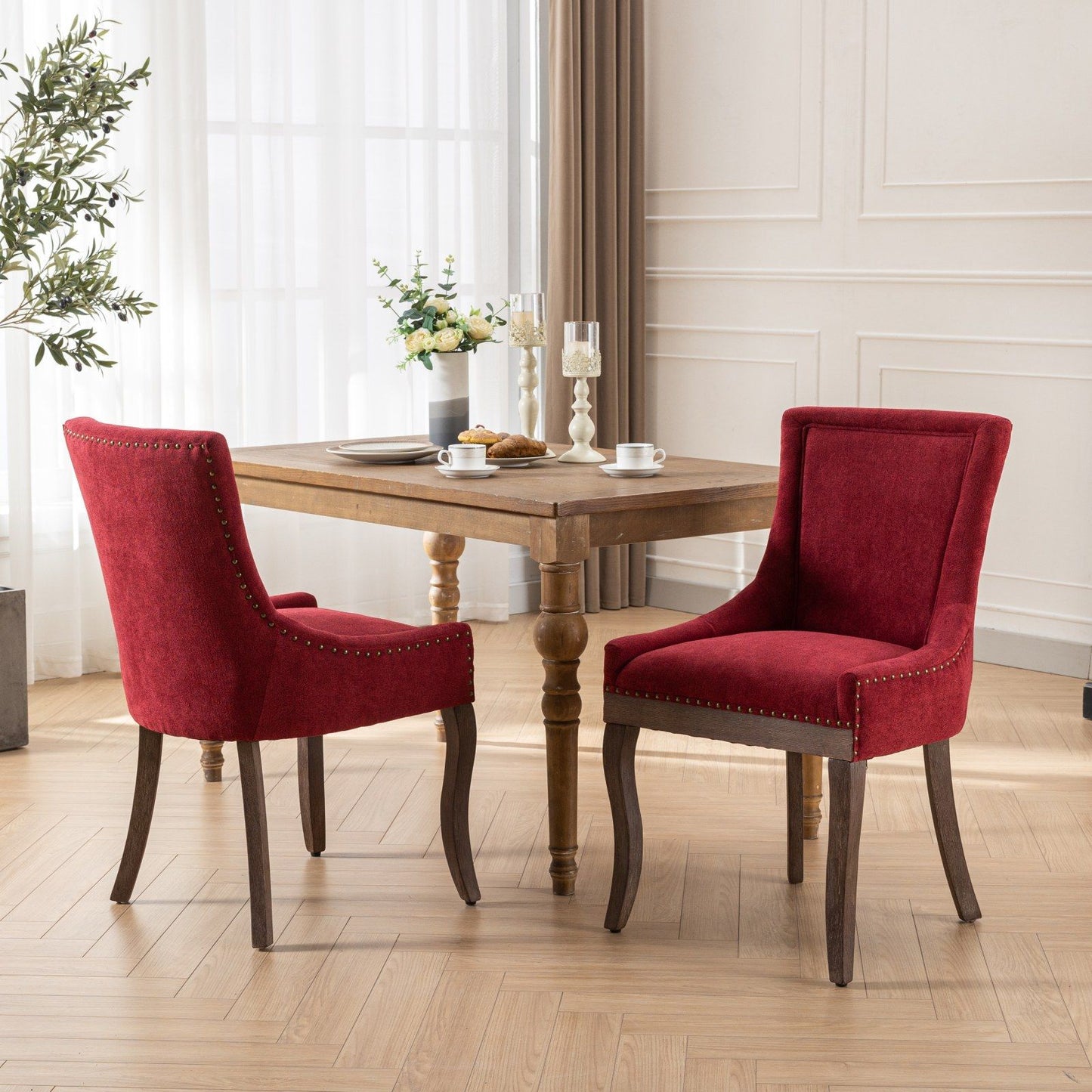 Ultra Side Dining Chair, Thickened Fabric Chairs With Neutrally Toned Solid Wood Legs, Bronze Nail Head (Set of 2) - Wine Red / Burgundy