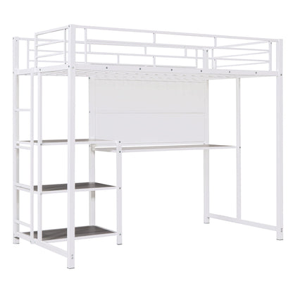 Twin Size Loft Bed With Desk And Whiteboard, Loft Bed With 3 Shelves And Ladder - White
