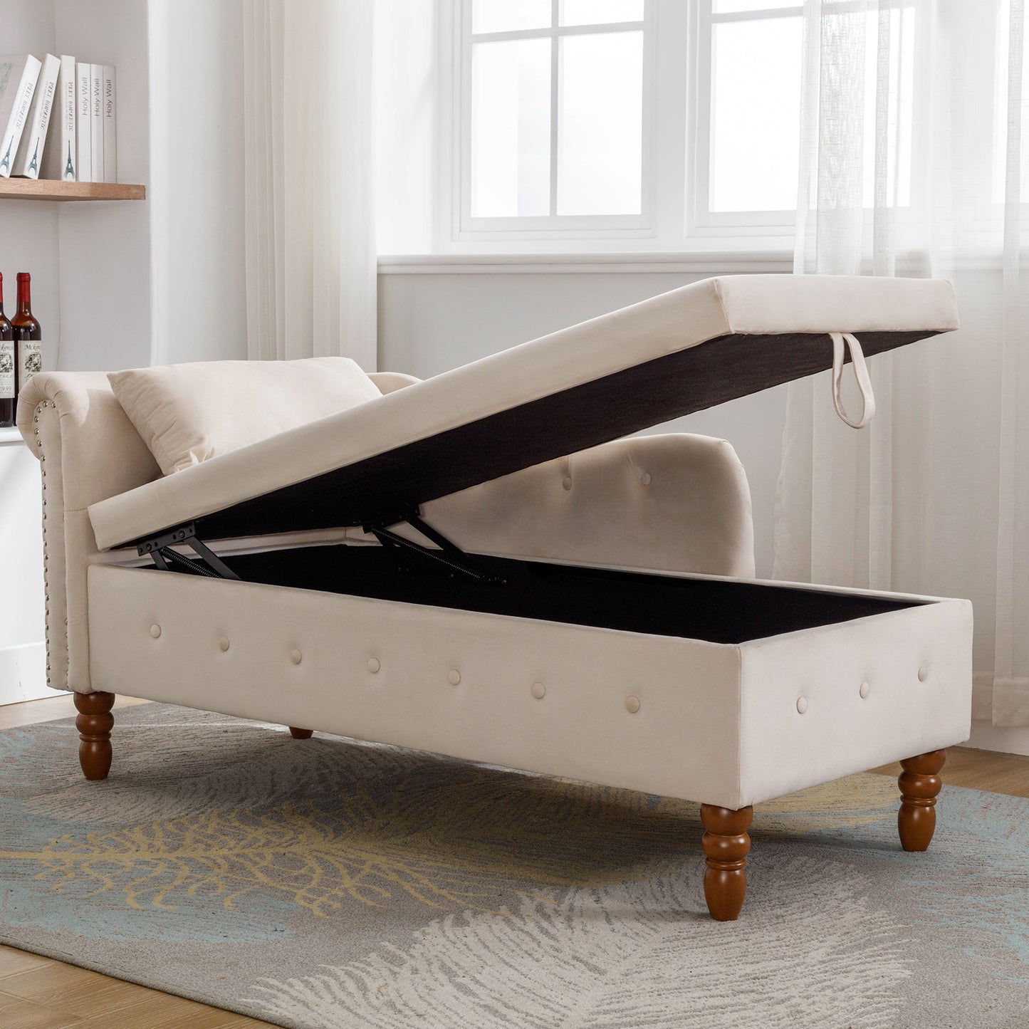 Chaise Lounge Indoor, Velvet Lounge Chair For Bedroom With Storage & Pillow, Modern Upholstered Rolled Arm Chase Lounge For Sleeping With Nailhead Trim For Living Room Bedroom Office - Beige