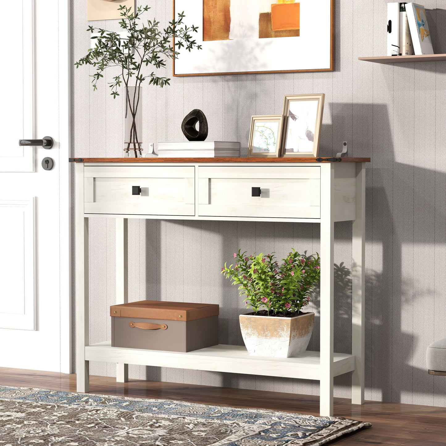 Farmhouse Style Console Table With 2 Drawers And Bottom Storage Shelf - Antique White