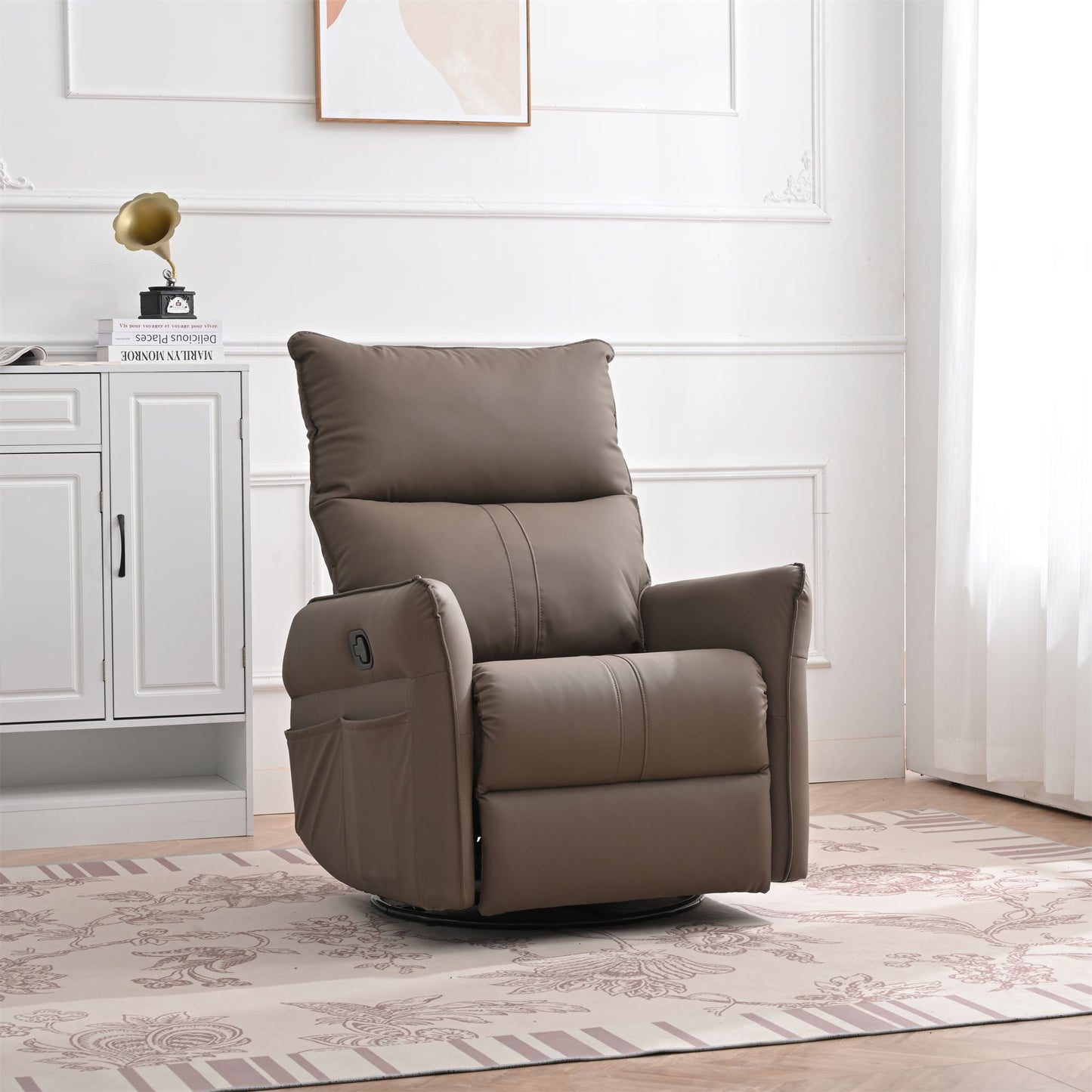 Rocking Recliner Chair, 360 Degree Swivel Nursery Rocking Chair, Glider Chair, Modern Small Rocking Swivel Recliner Chair For Bedroom, Living Room Chair Home Theater Seat, Side Pocket - Brown