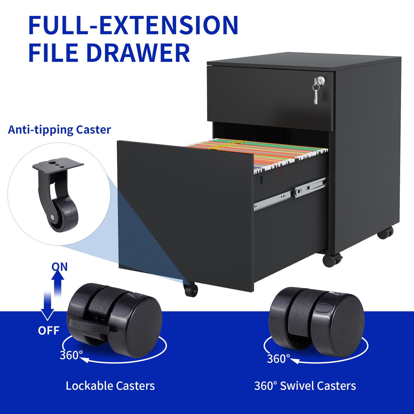 2 Drawer Mobile File Cabinet With Lock Steel File Cabinet For Legal / Letter / A4 / F4 Size/ Home / Office Design - Black