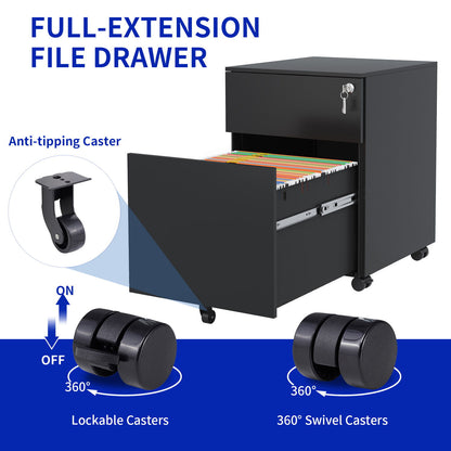 2 Drawer Mobile File Cabinet With Lock Steel File Cabinet For Legal / Letter / A4 / F4 Size/ Home / Office Design - Black