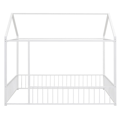 Full Size Bed House Bed Frame With Fence - White