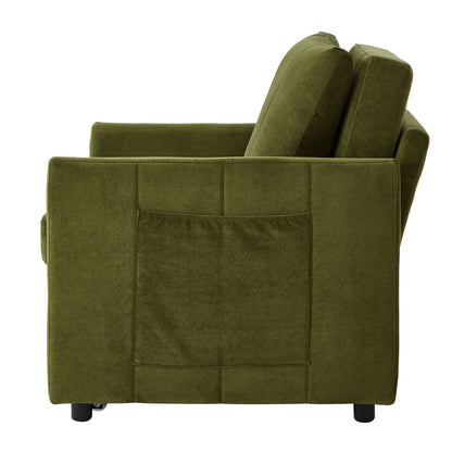 Upholstered Convertible Sleeper Sofa With Adjustable Backrest, Side Pockets, Storage Basket - Green