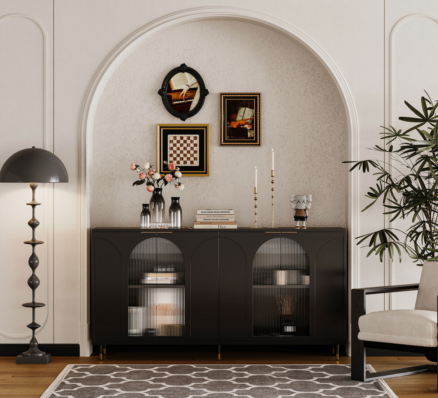 Accent Cabinet Lacquered Wooden Cabinet With 4 Glass Doors Sideboard Buffet Server Cabinet Storage Cabinet, For Living Room, Entryway, Hallway, Office, Kitchen And Dining Room - Black