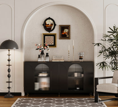 Accent Cabinet Lacquered Wooden Cabinet With 4 Glass Doors Sideboard Buffet Server Cabinet Storage Cabinet, For Living Room, Entryway, Hallway, Office, Kitchen And Dining Room - Black