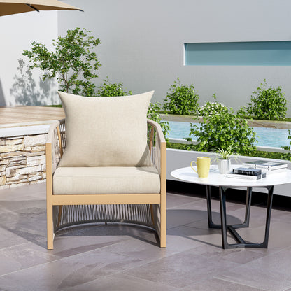 Modern Lounge Chair With Curved Aluminum Frame, Rope Weave Design, And Cushioned Comfort For Outdoor Living - Beige / Natural