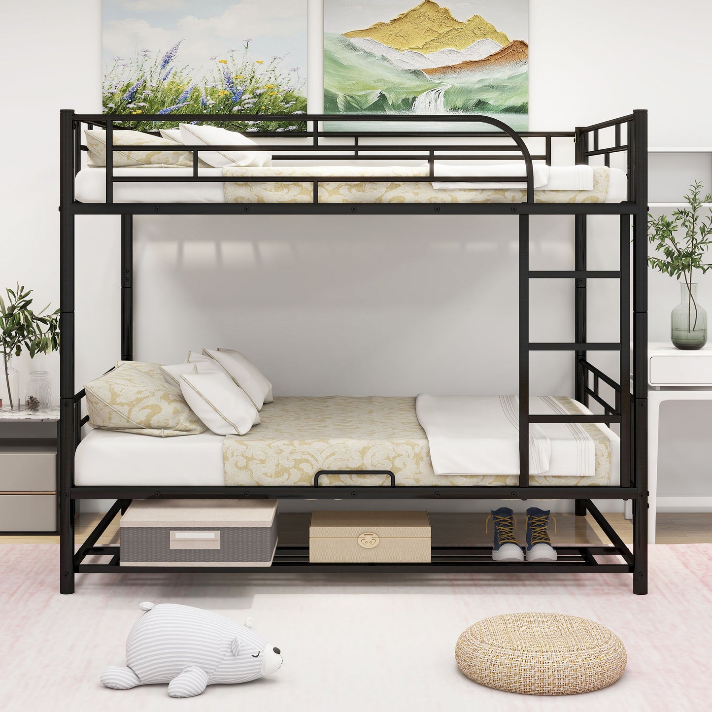Full Over Full Bunk Bed With Shelf And Guardrails - Black