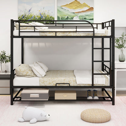 Full Over Full Bunk Bed With Shelf And Guardrails - Black