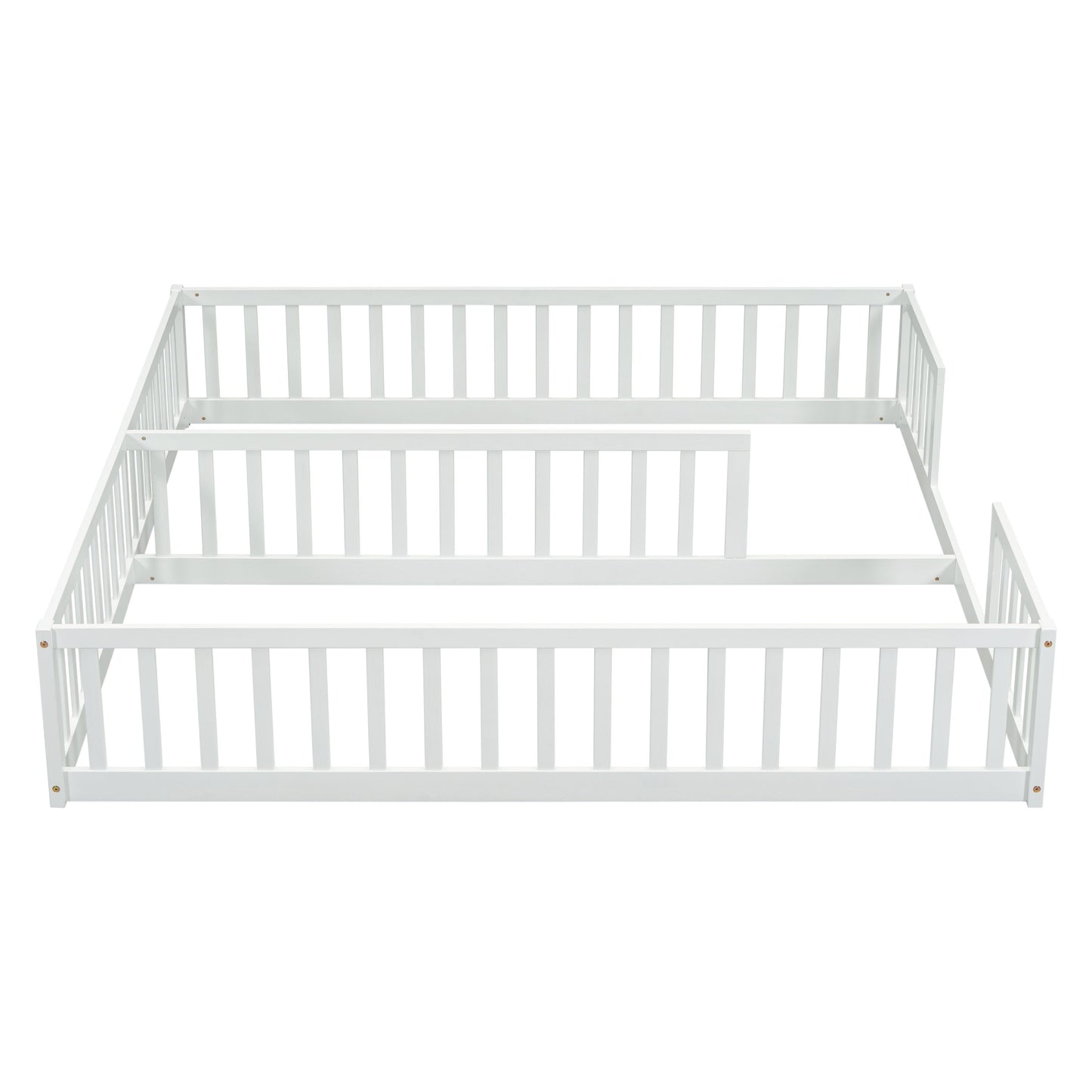 Double Twin Floor Bed With Fence, Guardrails, Without Door - White