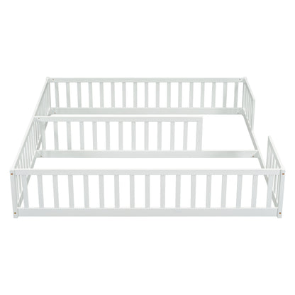 Double Twin Floor Bed With Fence, Guardrails, Without Door - White