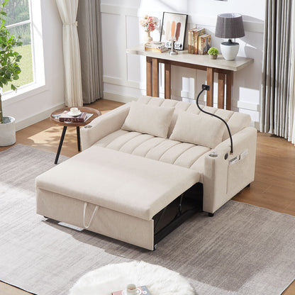Convertible Sofa Bed Loveseat Sofa With Three USB Ports, Two Side Pockets, Two Cup Holders And 360ÔøΩÔøΩÔøΩÔøΩÔøΩÔøΩÔøΩÔøΩÔøΩÔøΩÔøΩÔøΩÔøΩÔøΩÔøΩÔøΩÔøΩÔøΩÔøΩÔøΩÔøΩÔøΩÔøΩÔøΩÔøΩÔøΩÔøΩÔøΩÔøΩÔøΩÔøΩÔøΩÔøΩ swivel Phone Holder For Living Room - Beige