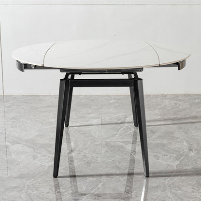 Modern Extendable Round Dining Table With Sintered Stone Top - White / Black