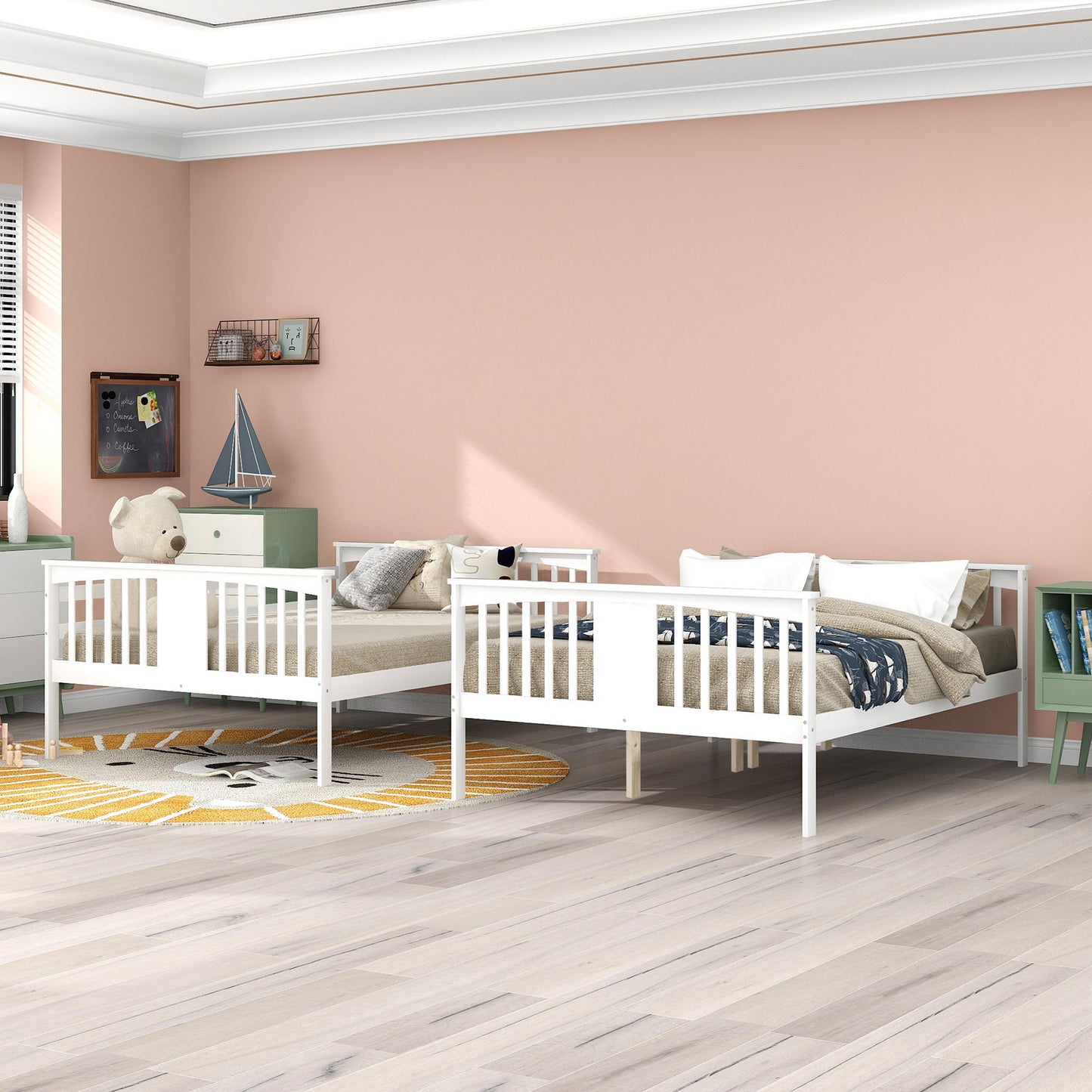 Full Over Full Bunk Bed With Ladder For Bedroom - White