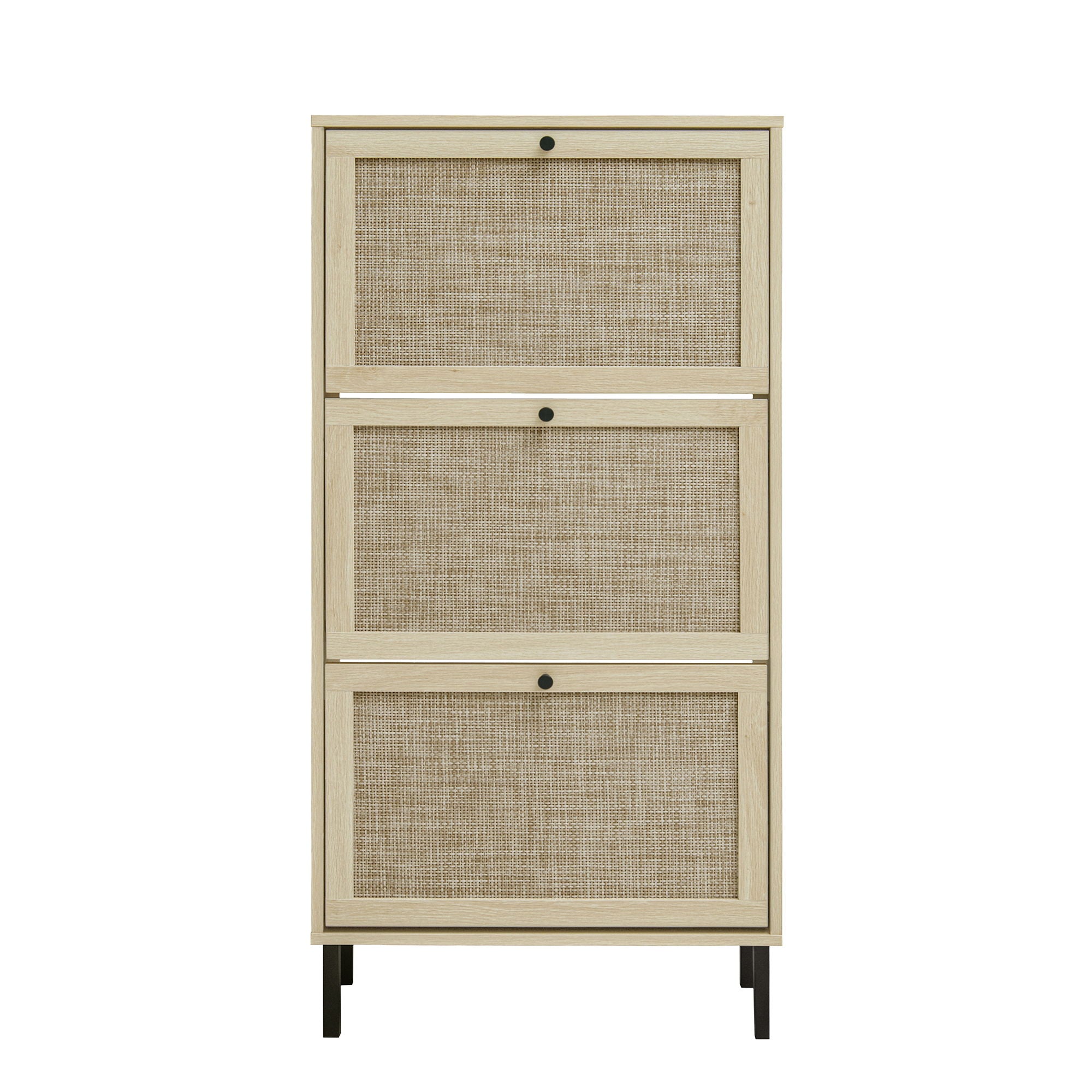 Modern Freestanding Rattan 3 Door Shoe Rack Storage Cabinet For Entryway - Natural Particle Board