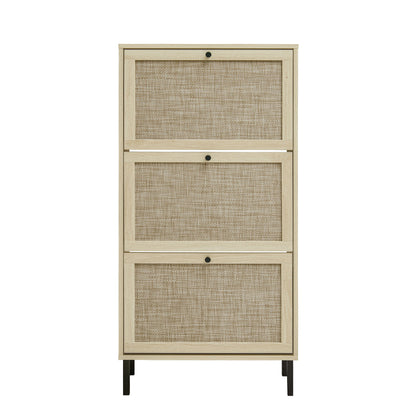 Modern Freestanding Rattan 3 Door Shoe Rack Storage Cabinet For Entryway - Natural Particle Board