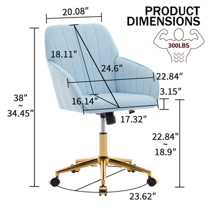 Adjustable Office Chair, Ergonomic Swivel Chair With Golden Base, Comfortable For Long Sitting - Baby Blue