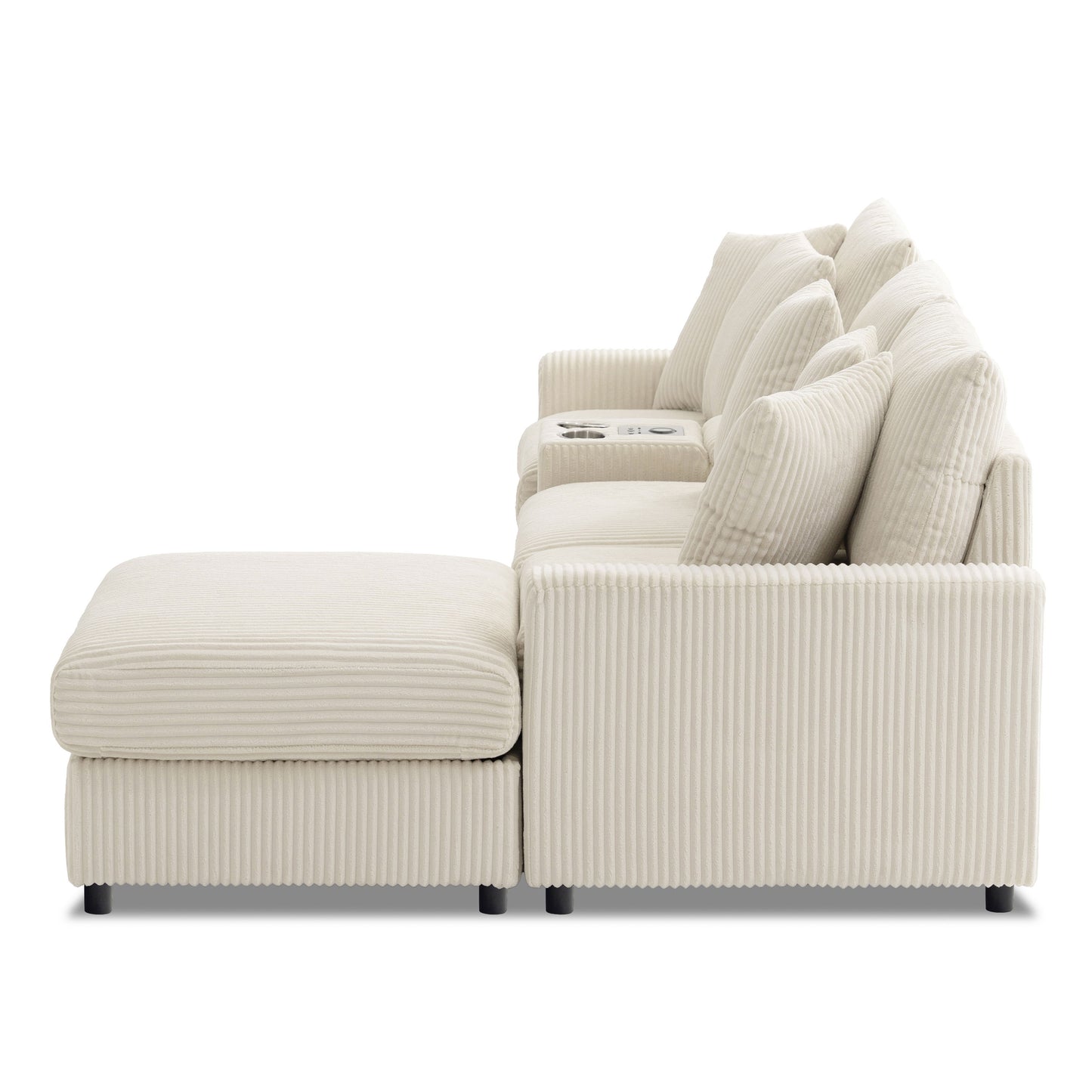 Sectional With Bluetooth Speakers L Shaped Couch With Console USB Charger, Cup Holders Storage Ottoman Deep And Wide Seat Cloud Sofa - Cream