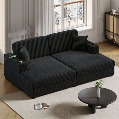 Oversized Loveseat Chaise Lounge Sectional Sofa Bed Corduroy Sleeper Sofa With 2 USB Ports, 2 Cup Holders And 2 Throw Pillows For Living Room And Bedroom - Black