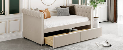Twin Size Upholstered Daybed With Drawers, Slat Support - Beige