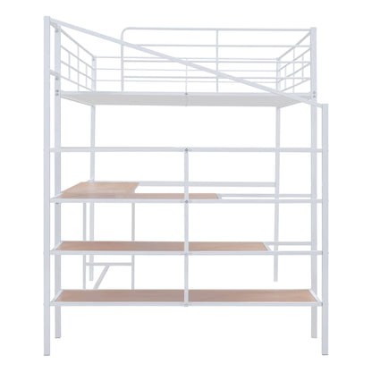 Full Size Loft Bed With Desk And Lateral Storage Ladder - White