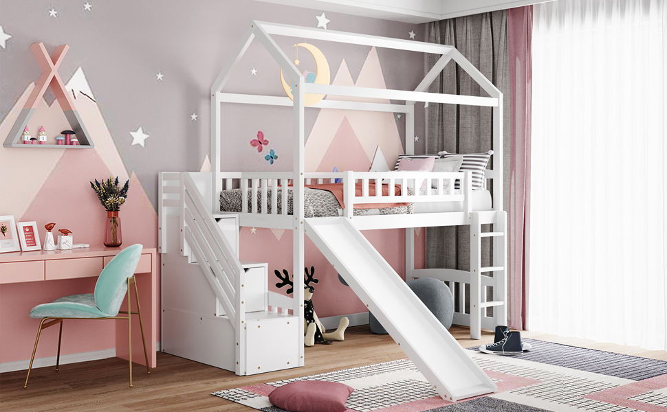 Twin Loft House Bed With 2 Drawers And Slide - White