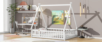 Full Tent-Shaped Floor Bed, With Guardrails, Slats, Door - White