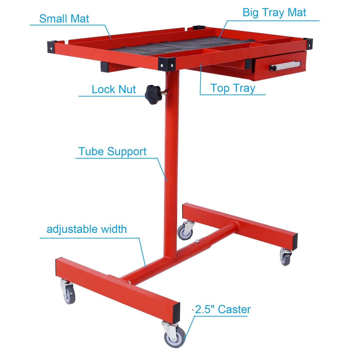 Adjustable Tear Down Work Table With Drawer For Garages, Repair Shops, And Diy, Portable, (4) 2.5" Swivel Casters, 220 Pound Capacity, Rubber Corners, Heavy Duty Steel - Red
