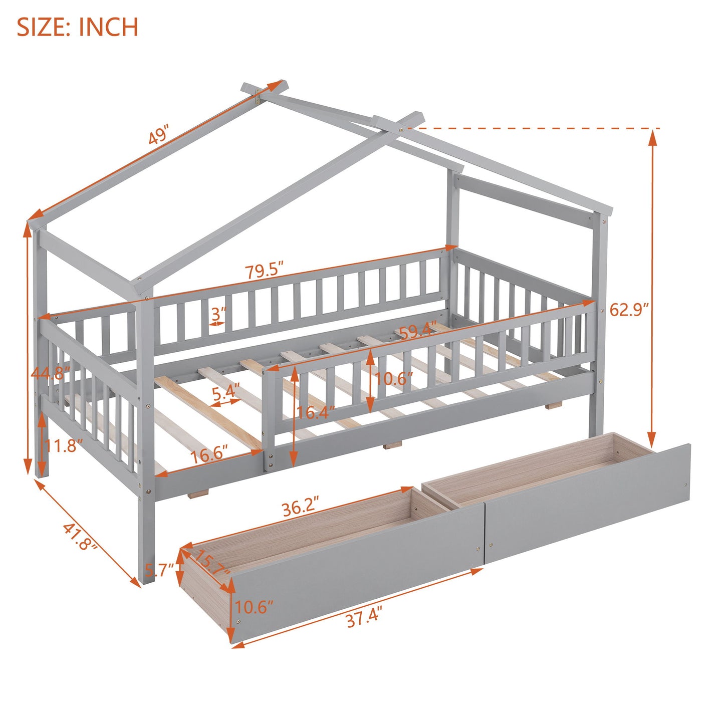 Twin Size House Bed With 2 Drawers - Gray