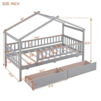 Twin Size House Bed With 2 Drawers - Gray