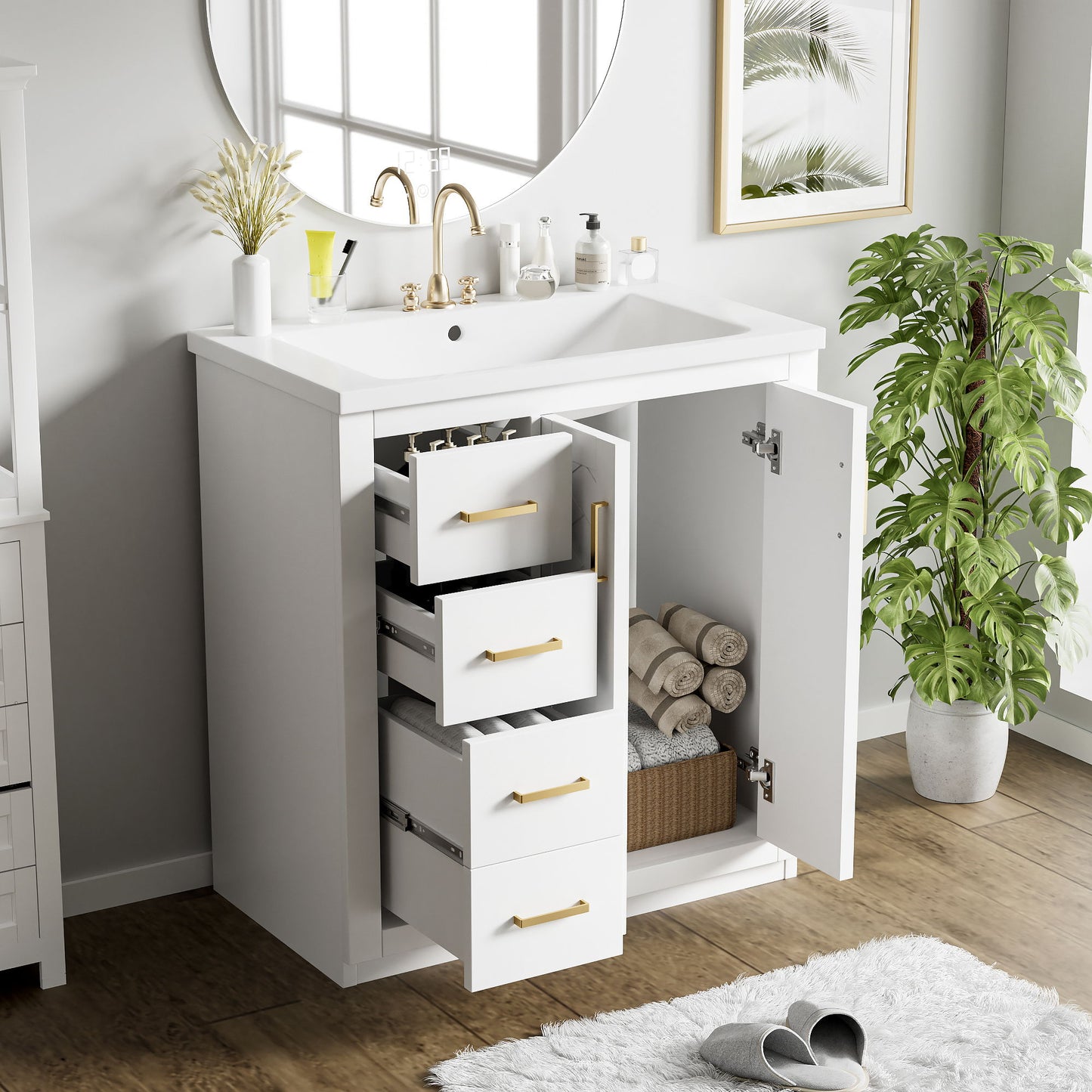 Bathroom Vanity With Ceramic Sink Combo, Frame Bathroom Storage Cabinet, Freestanding Vanity Set With 3 Drawers & Soft Closing Doors - White