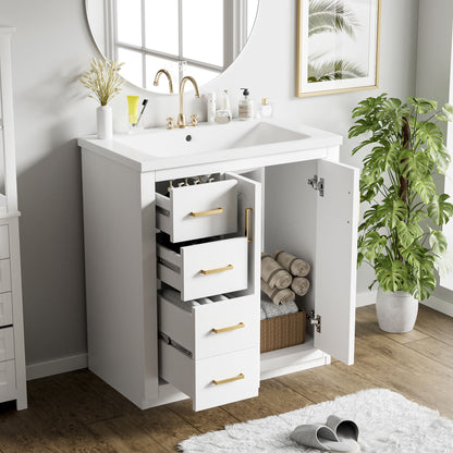 Bathroom Vanity With Ceramic Sink Combo, Frame Bathroom Storage Cabinet, Freestanding Vanity Set With 3 Drawers & Soft Closing Doors - White